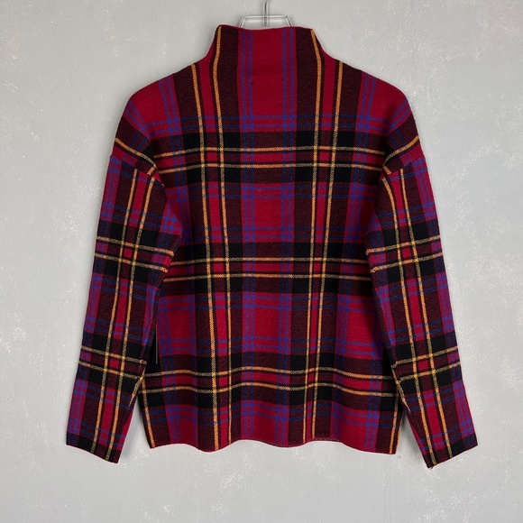 Tahari size L high neck long sleeve knit sweater red yellow black blue plaid NWT - Picture 7 of 9